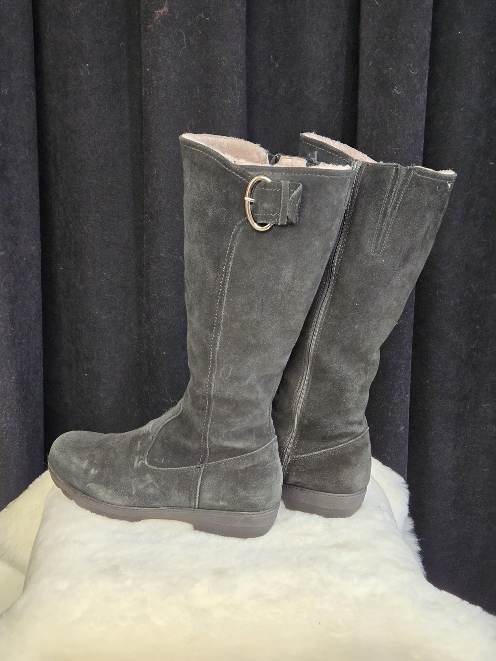 La CANADIENNE Tall Suede Zip Boots in Dark Gray with Buckle